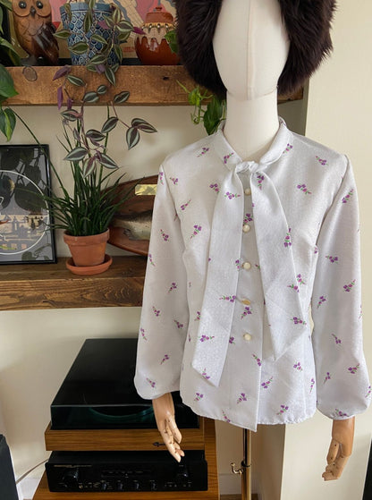 Vintage 1970s White & Silver Pussybow Blouse