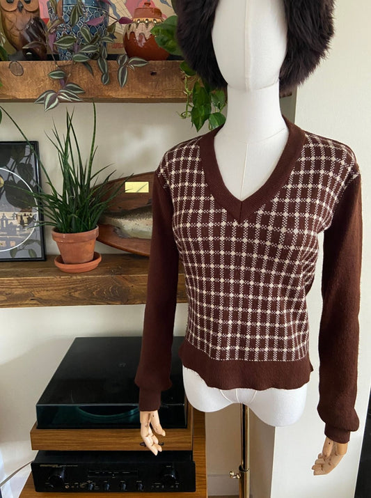 Vintage 1970s Brown V-Neck Jumper