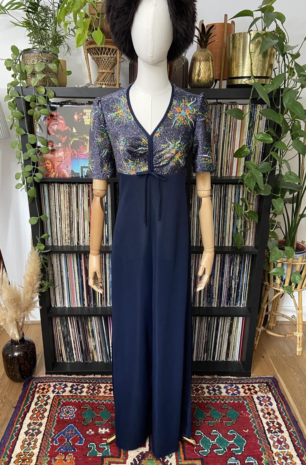 Vintage 1970s Navy Metallic Maxi Dress