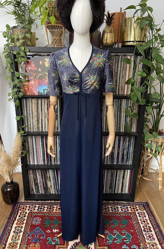 Vintage 1970s Navy Metallic Maxi Dress