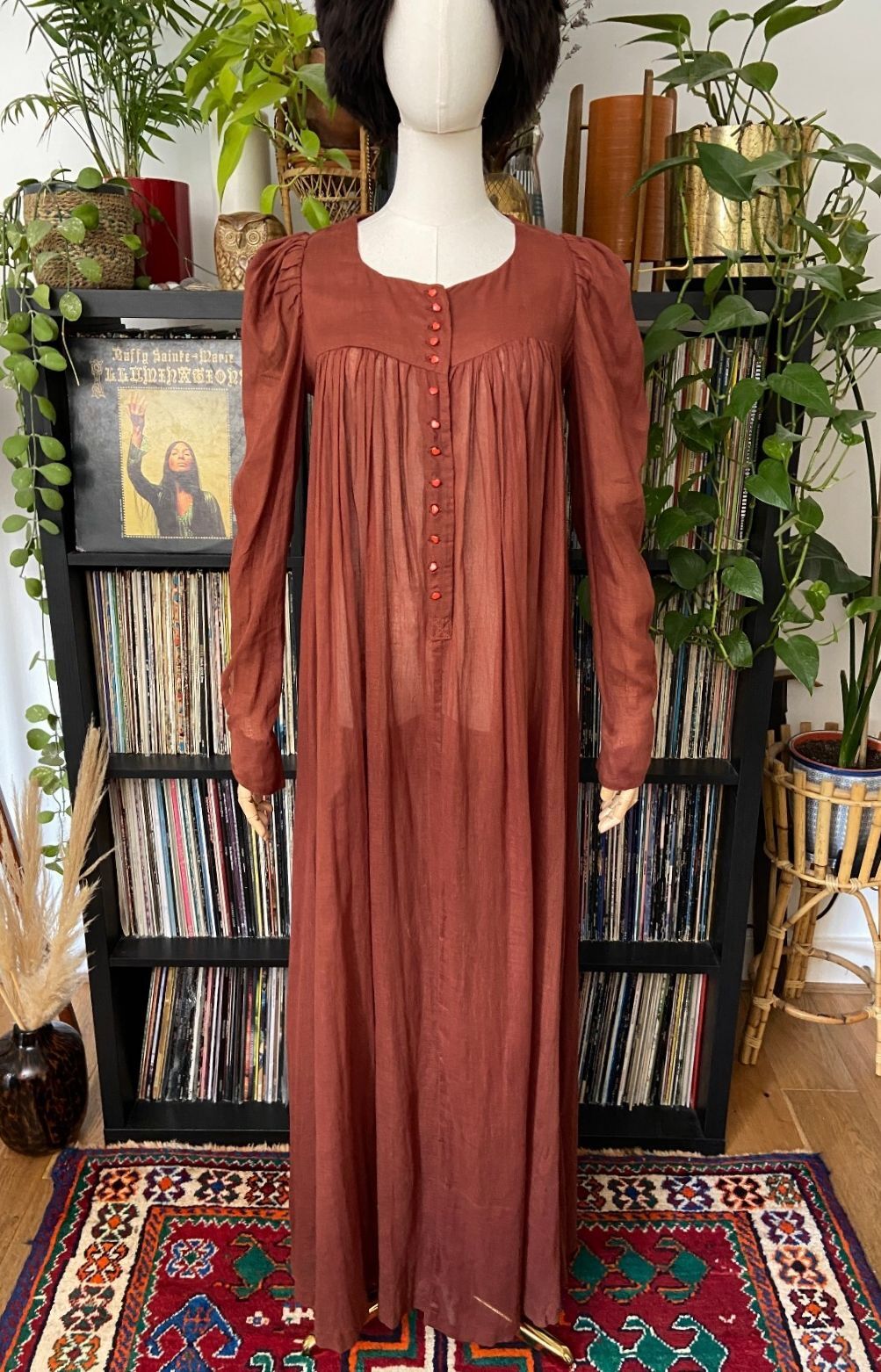 Vintage 1970s Rust Biba Cotton Gauze Smock Dress
