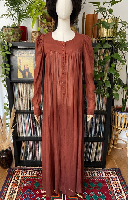 Vintage 1970s Rust Biba Cotton Gauze Smock Dress
