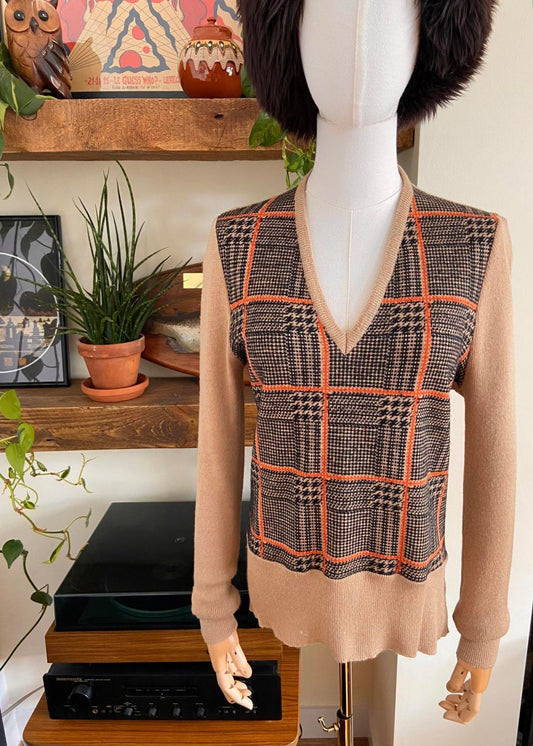 Vintage 1970s Beige Plaid Knit Sweater
