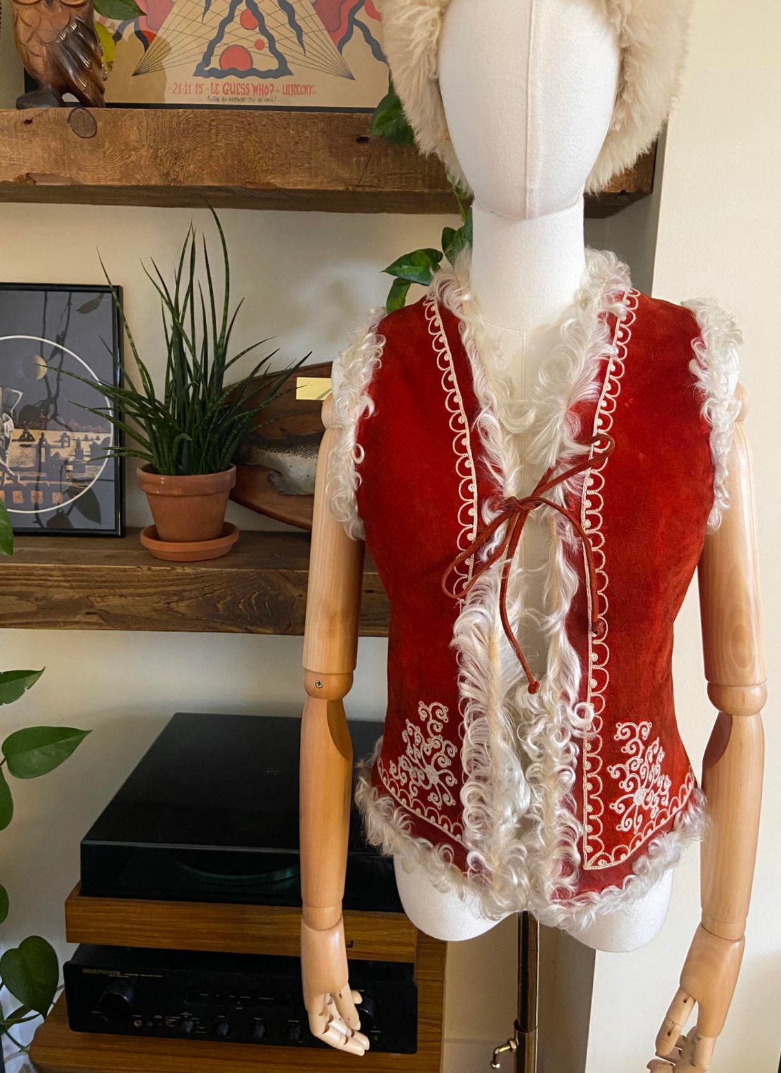 Vintage Red Suede Embroidered Afghan Vest