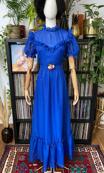 Vintage 1970s Blue Flower Sash Prairie Dress