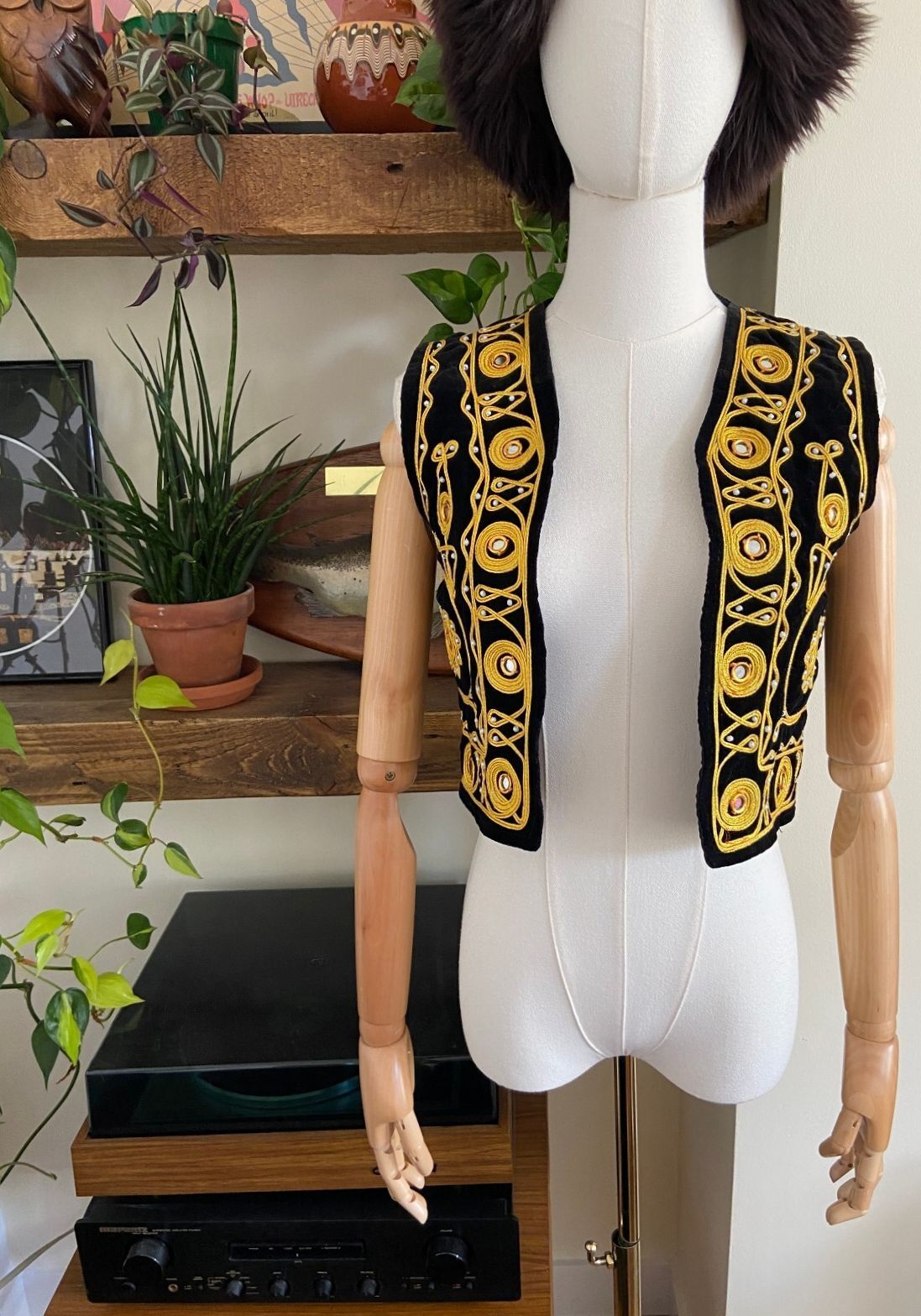 Black & Gold Velvet Afghan Vest