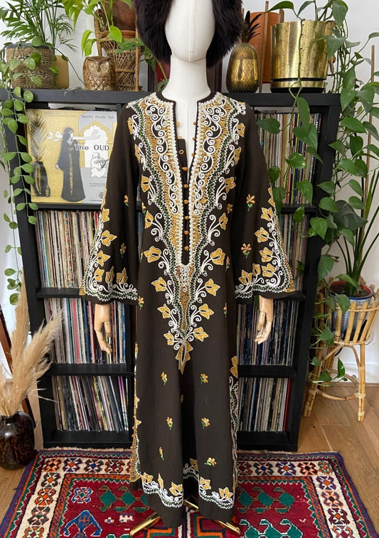 Vintage 1970s Brown Embroidered Kaftan Dress