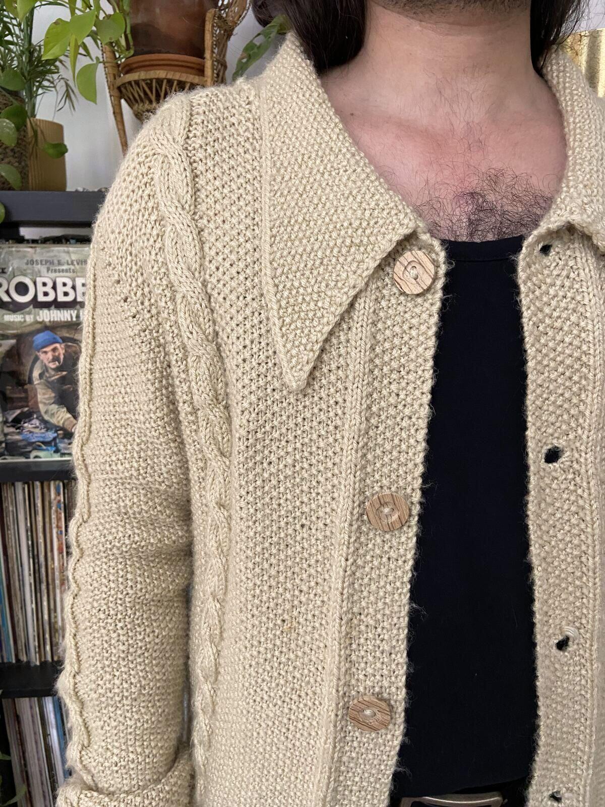 Vintage 1970s Dagger Collar Cable Knit Cardigan
