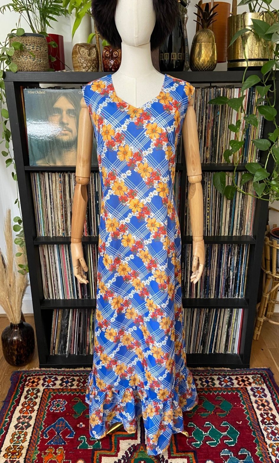Vintage 1970s Blue Floral Print Maxi Dress