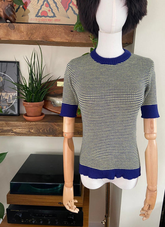 Vintage 1970s Yellow Blue Striped Knit Top