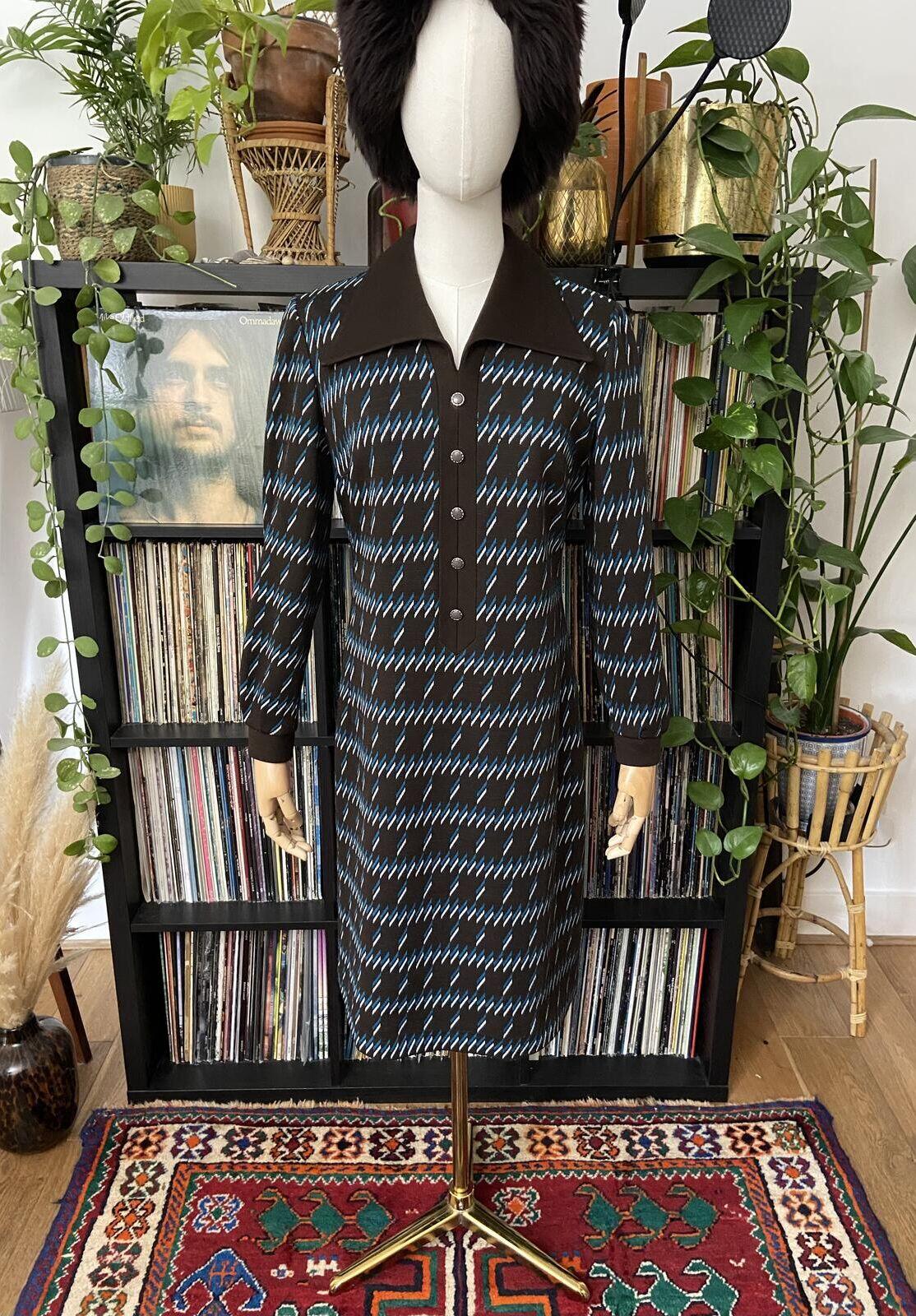 Vintage 1970s Brown Geometric Knit Dress