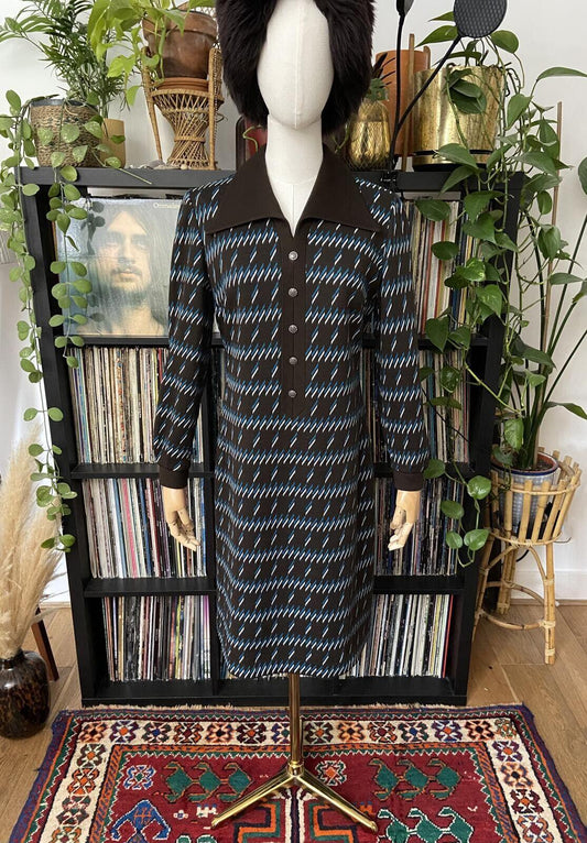 Vintage 1970s Brown Geometric Knit Dress