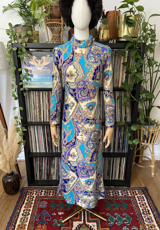 Vintage 1960s Paisley Print High Neck Dress