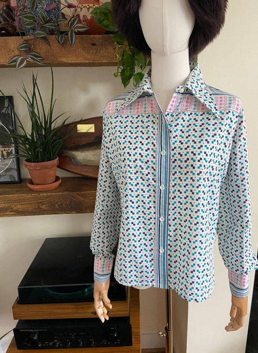 Vintage 1970s Geometric Print Dagger Collar Shirt
