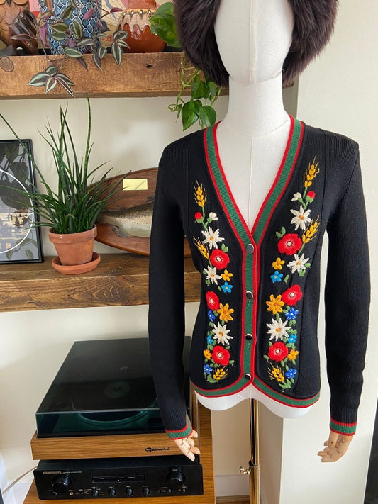 Vintage 1970s Black Austrian Folk Cardigan