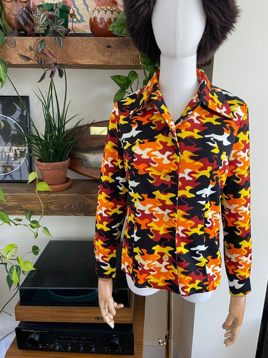 Vintage 1970s Orange & Yellow Retro Print Shirt