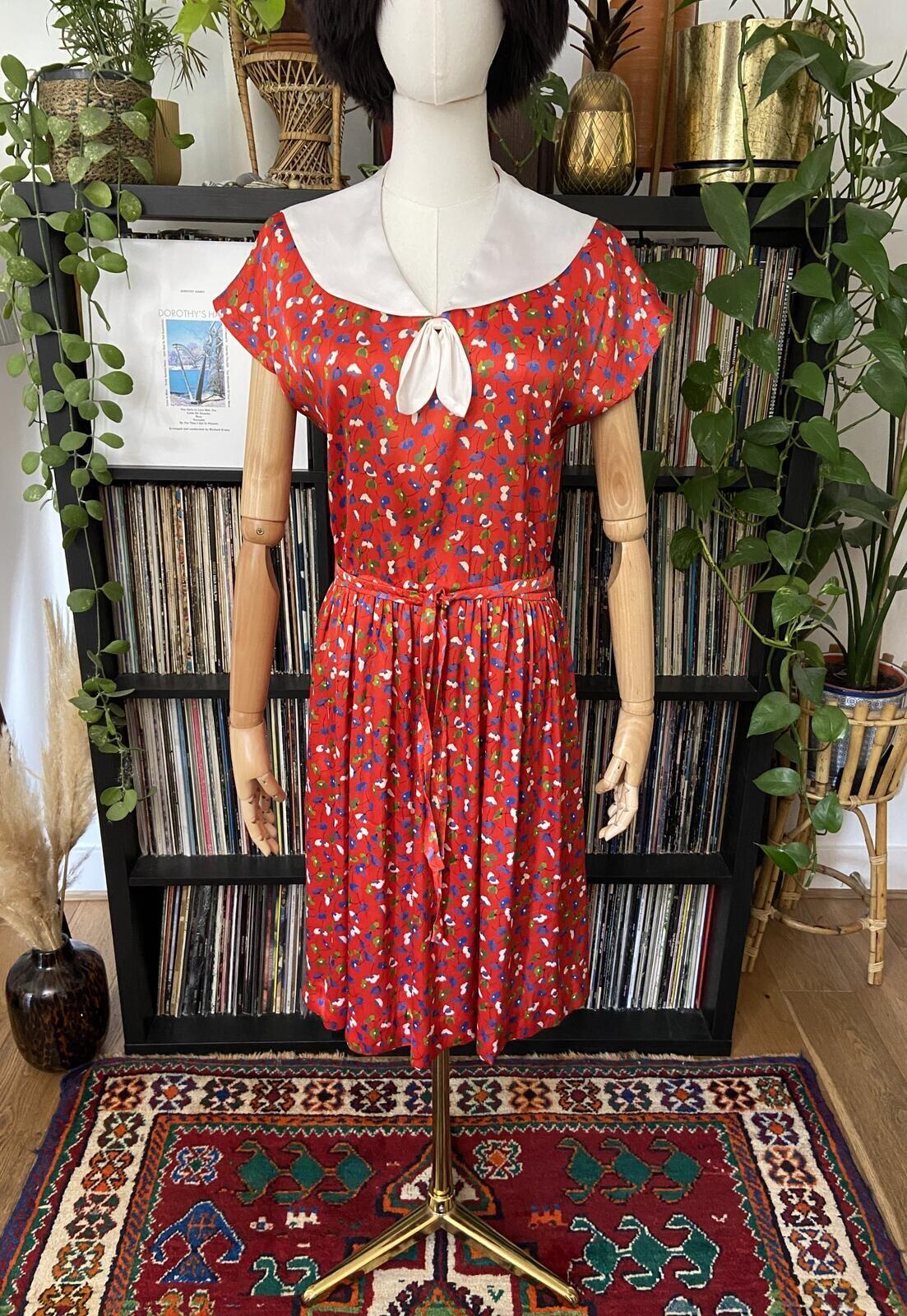 Vintage 1980s Red Floral Sailor Collar Dress