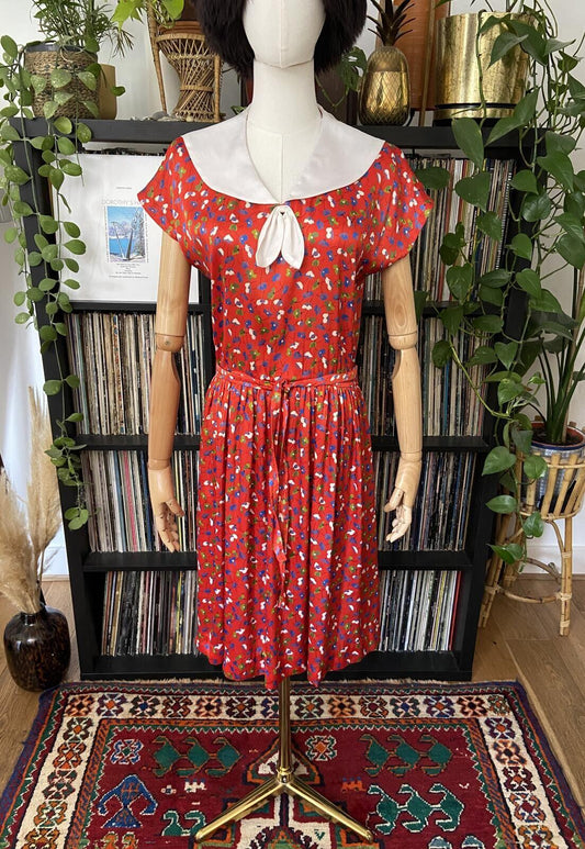 Vintage 1980s Red Floral Sailor Collar Dress