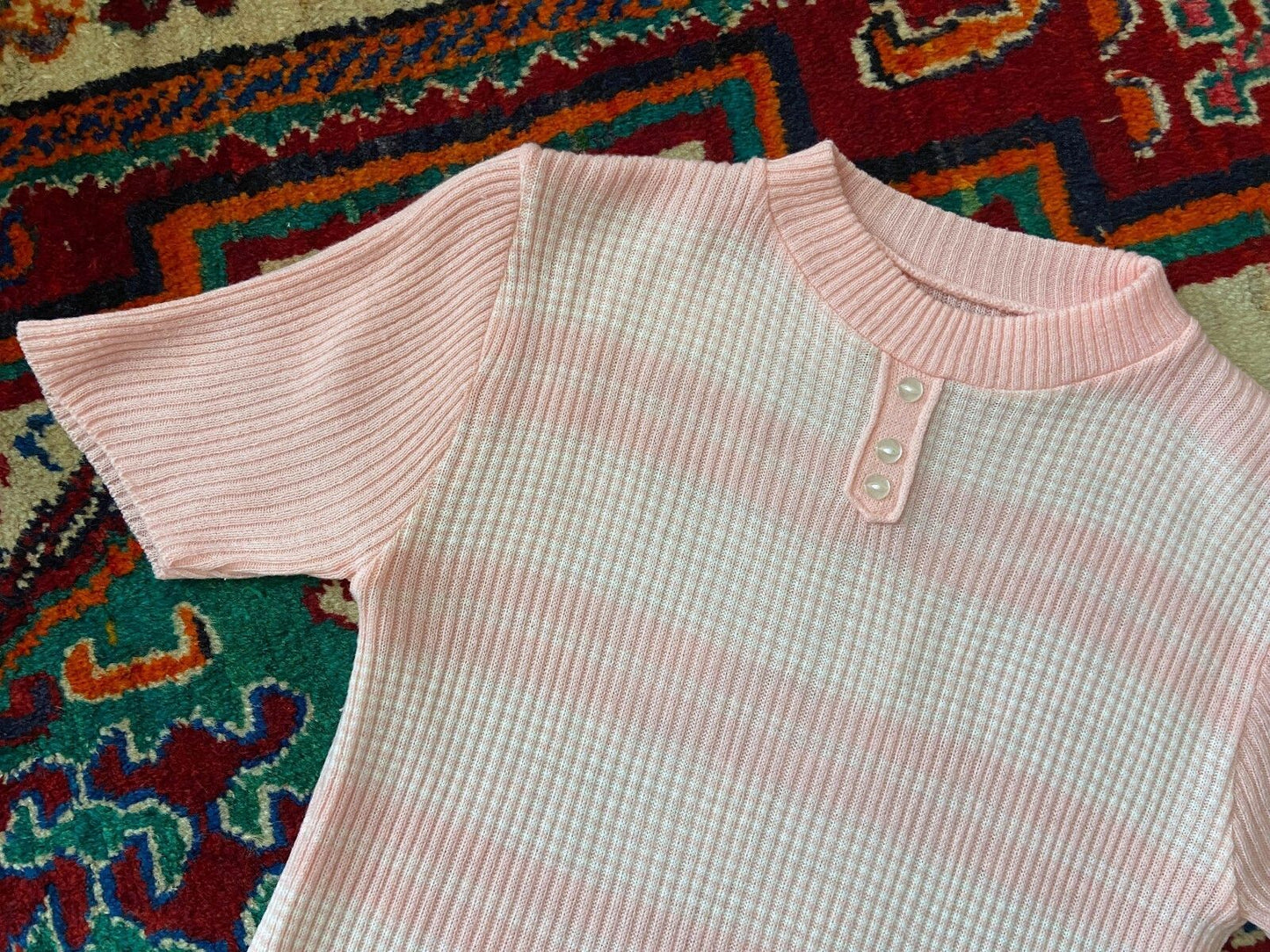 Vintage 1970s Pink White Striped Knit Top