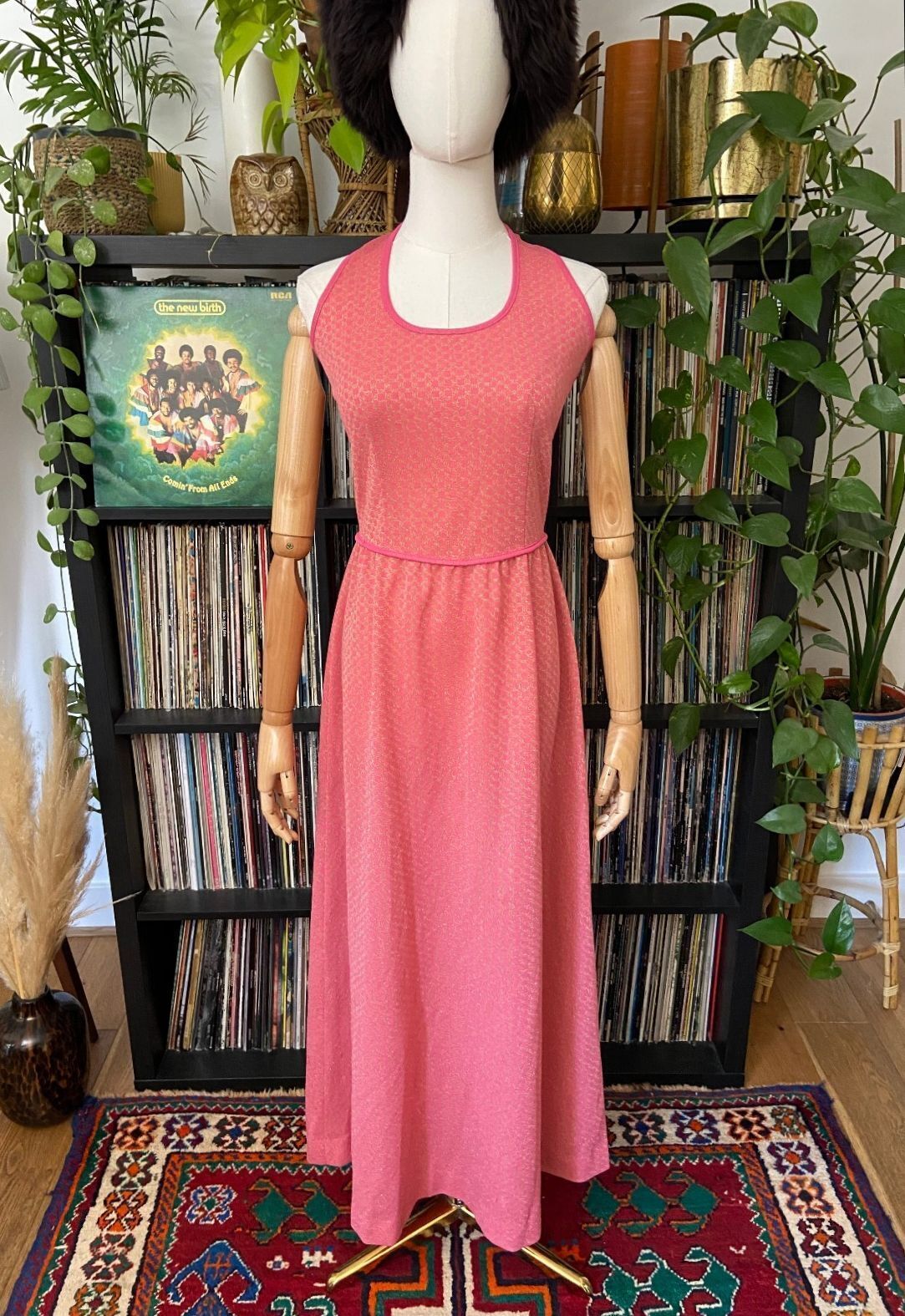 Vintage 1970s Pink & Gold Maxi Halterneck Dress