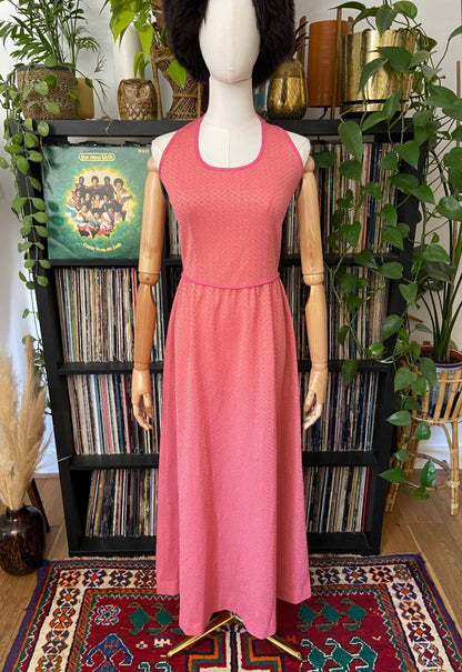 Vintage 1970s Pink & Gold Maxi Halterneck Dress