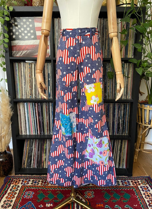 Vintage 1970s Stars & Stripes Patchwork Flared Bellbottom Trousers W30