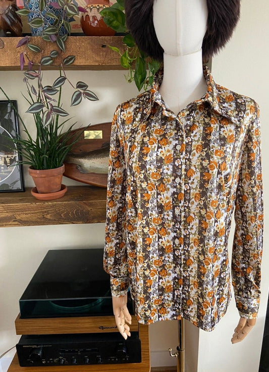Vintage 1970s Warm Floral Dagger Collar Shirt