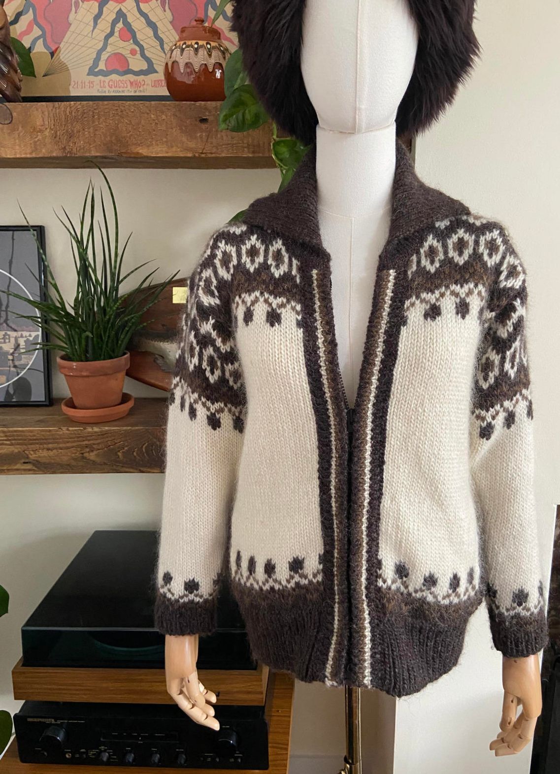 Vintage 1980s Cream Brown Nordic Cardigan