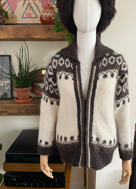 Vintage 1980s Cream Brown Nordic Cardigan