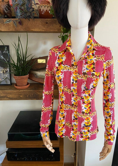 Vintage 1970s Red Striped & Yellow Floral Shirt