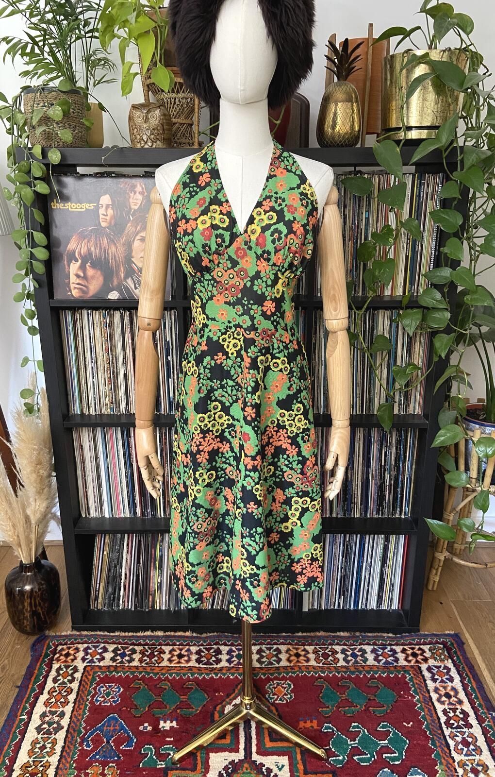 Vintage 1970s Colourful Floral Halterneck Dress