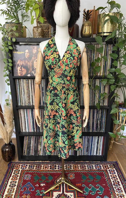 Vintage 1970s Colourful Floral Halterneck Dress