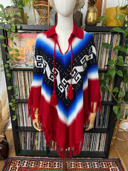 Vintage 1970s Burgundy Blue Knit Poncho