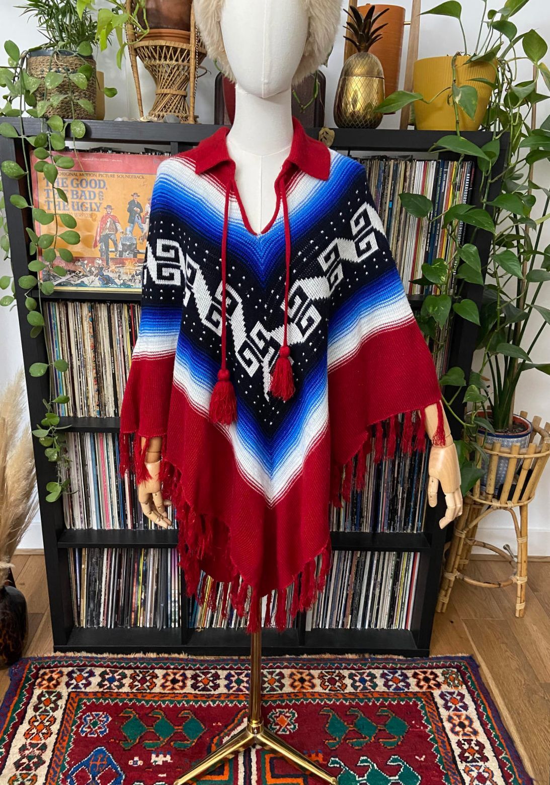 Vintage 1970s Burgundy Blue Knit Poncho