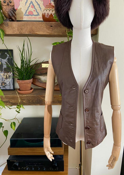 Vintage 1980s Brown Leather Waistcoat
