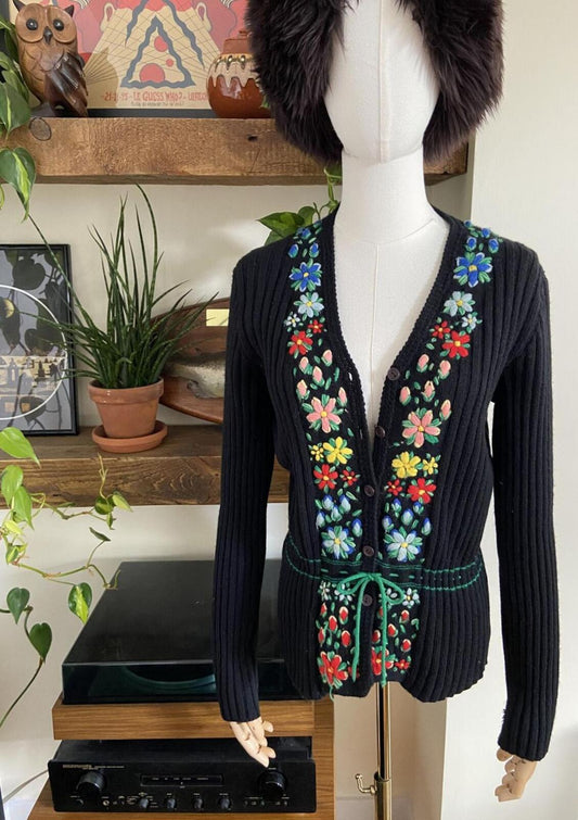 Vintage 1970s Black Embroidered Folk Cardigan