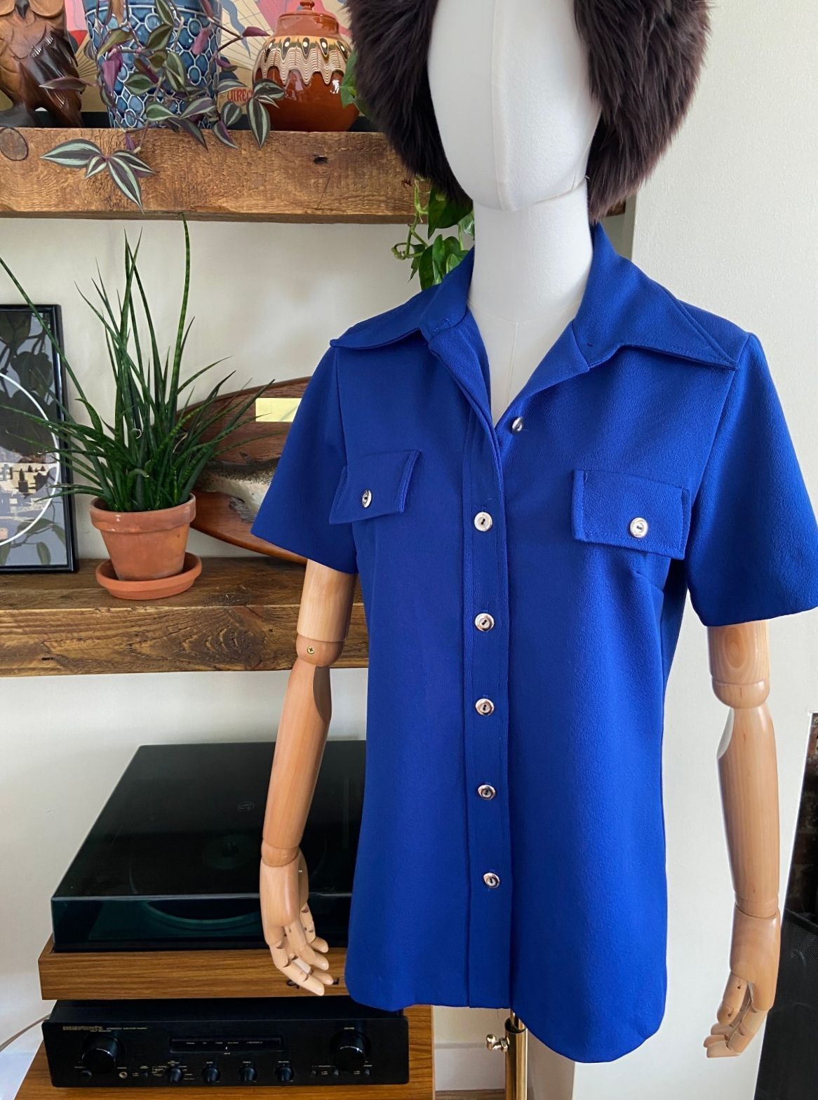 Vintage 1970s Navy Dagger Collar Shirt