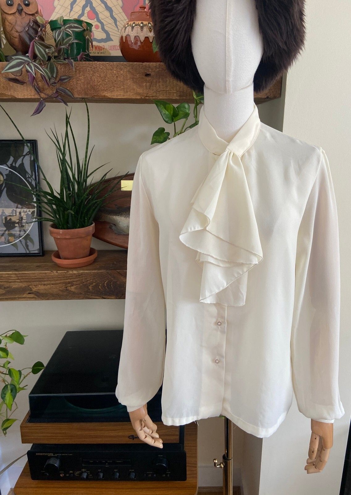 Vintage 1970s Cream Ruffle Tie Blouse