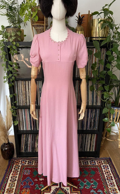 Vintage 1970s Scallop Edged Pale Pink Maxi Dress