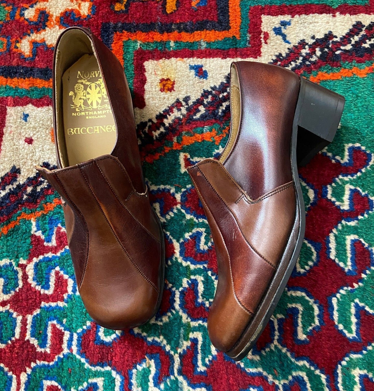 Vintage 1970s Deadstock Brown Block Heel Shoes UK 6.5