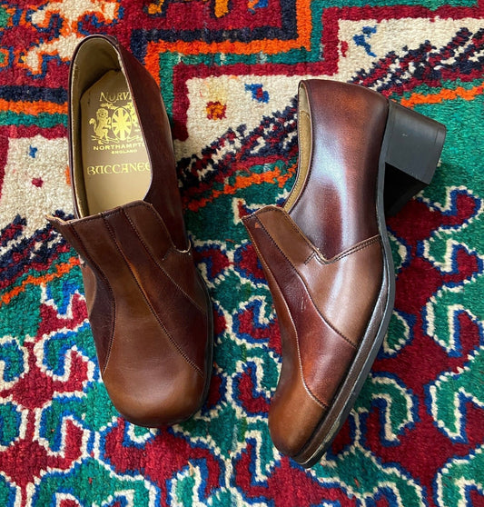 Vintage 1970s Deadstock Brown Block Heel Shoes UK 6.5