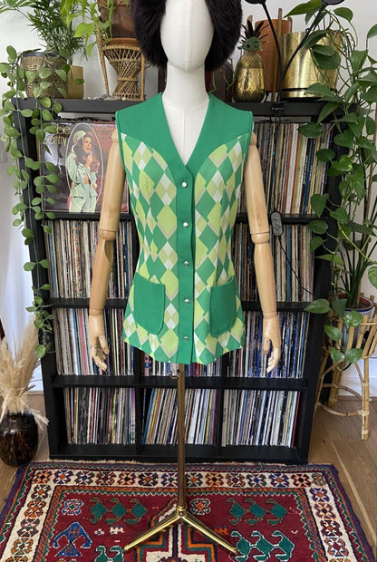 Vintage 1970s Green Argyle Micro Mini Dress