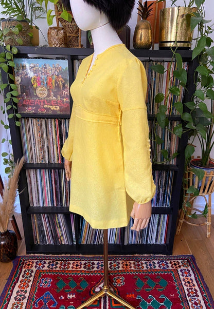 Vintage 1960s Yellow Button Detail Mini Dress