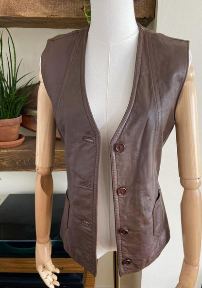 Vintage 1980s Brown Leather Waistcoat