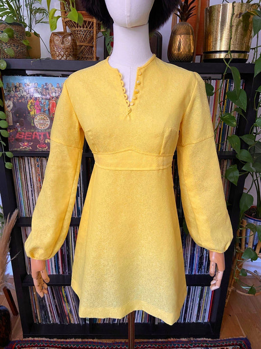 Vintage 1960s Yellow Button Detail Mini Dress