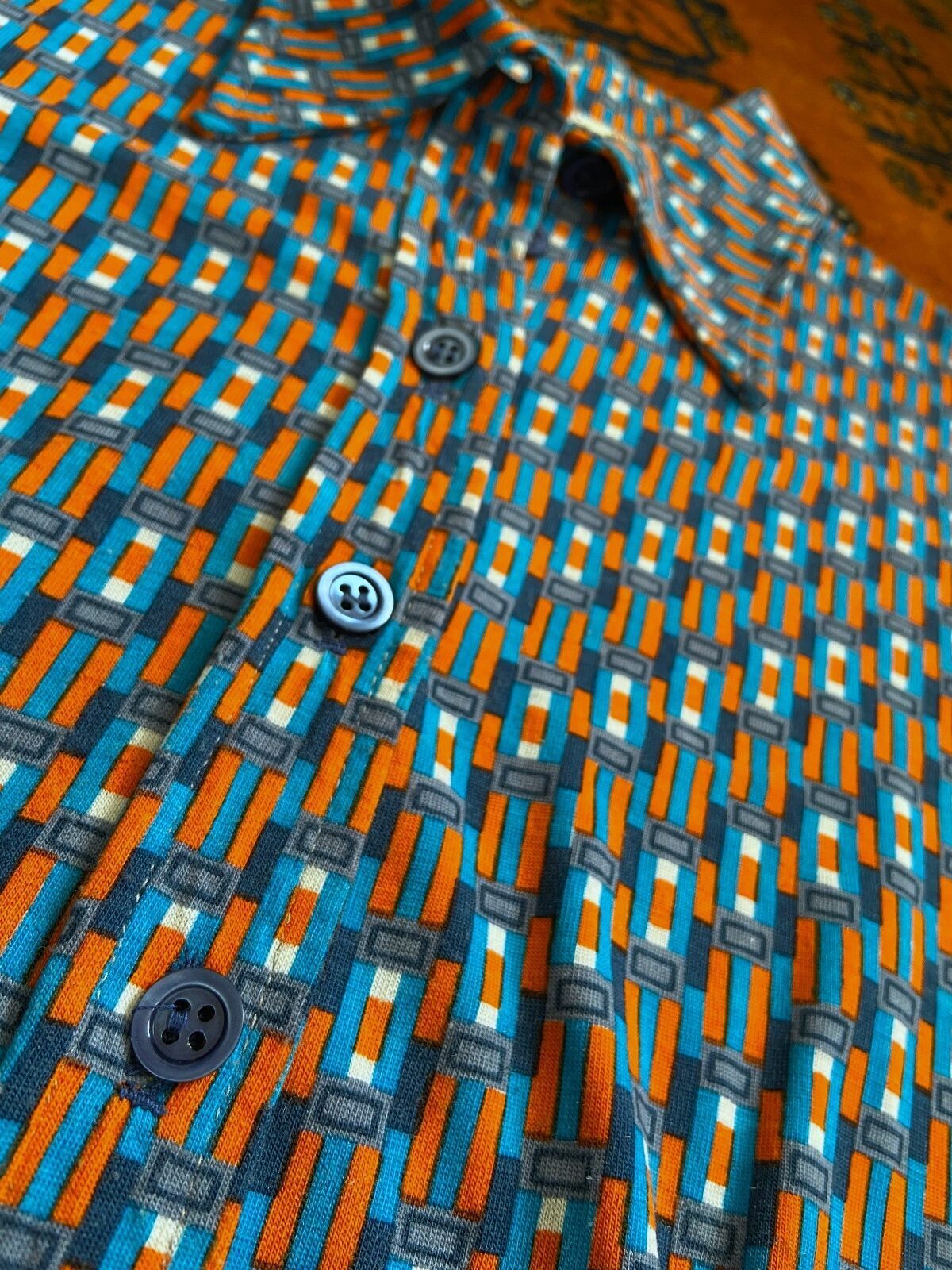 Vintage 1970s Blue & Orange Dagger Collar Shirt