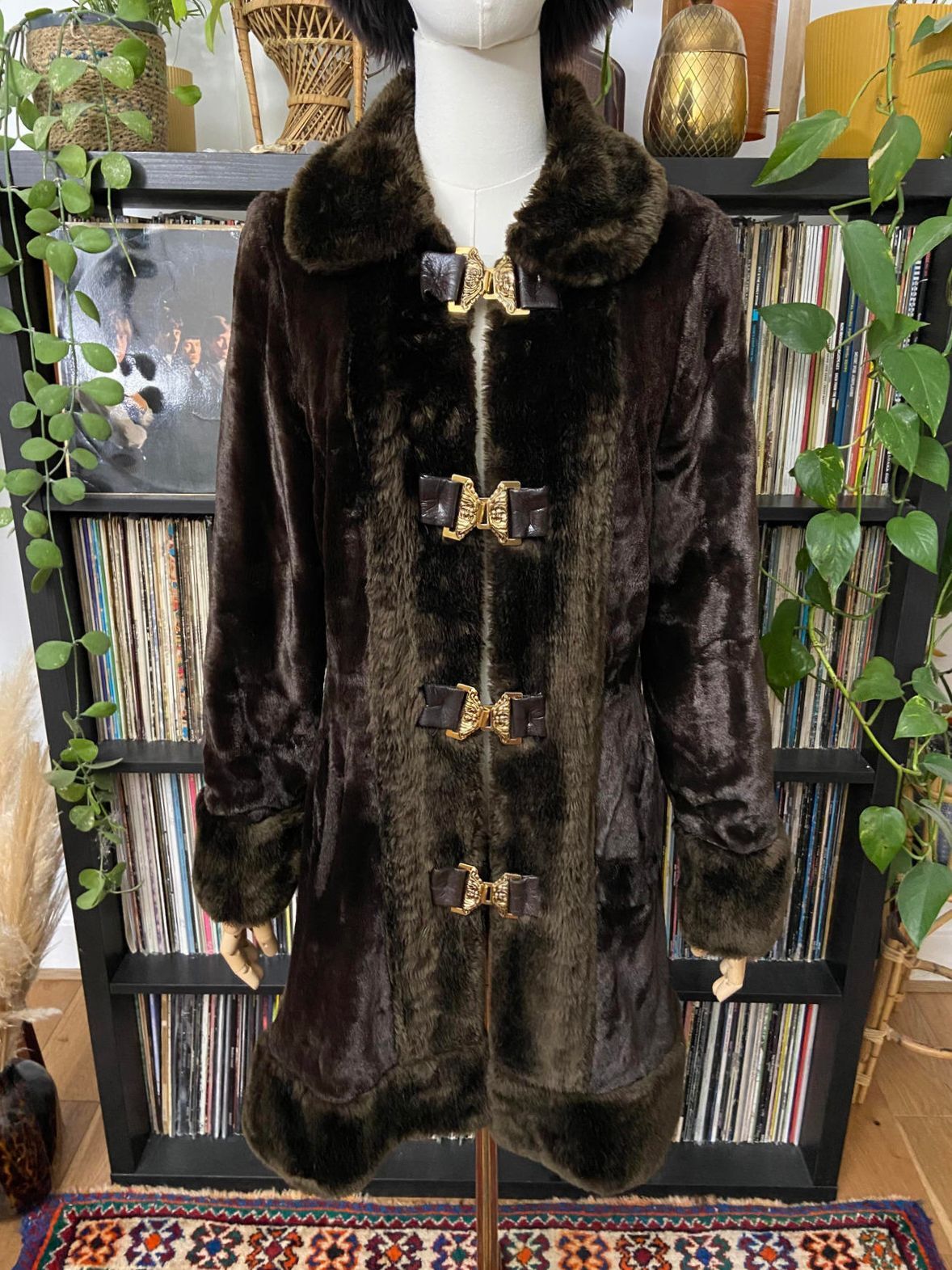 Vintage 1970s Brown Faux Fur Gold Buckle Coat