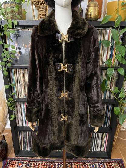 Vintage 1970s Brown Faux Fur Gold Buckle Coat