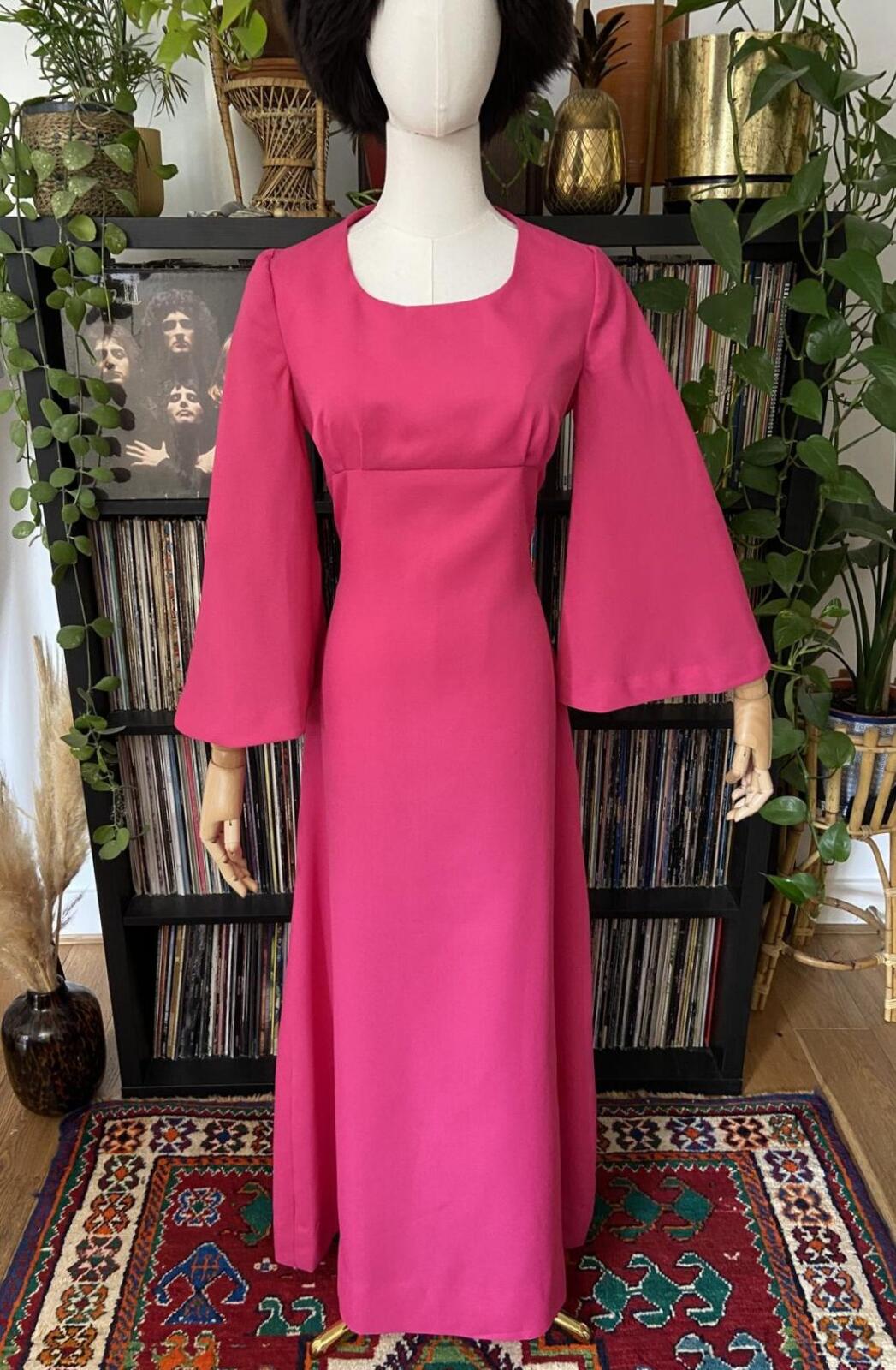 Vintage 1970s Pink Bell Sleeve Maxi Dress
