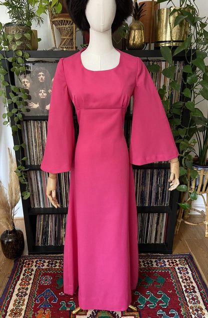 Vintage 1970s Pink Bell Sleeve Maxi Dress